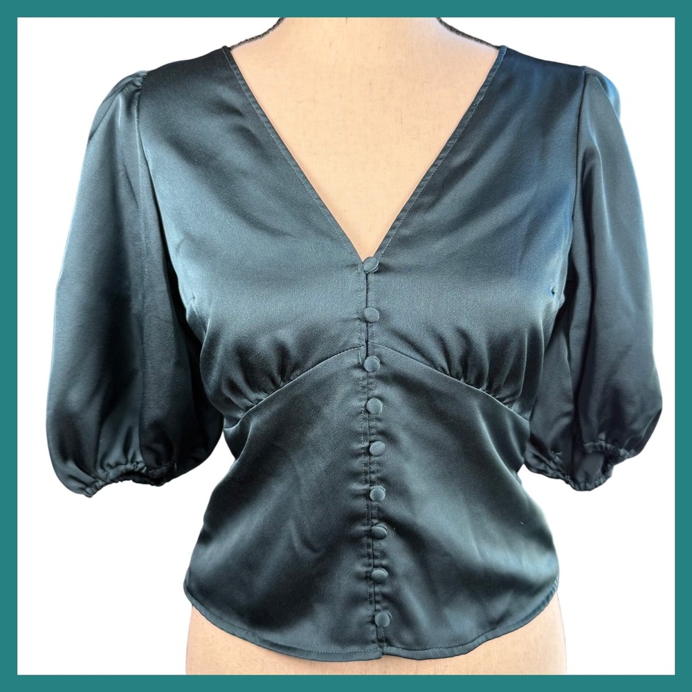 Abercrombie & Fitch XS Top Green Satin Puff Sleeve‎ Tie Back Blouse